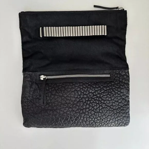 Alexander McQueen Black Leather Calf Hair Foldover Oversized Clutch